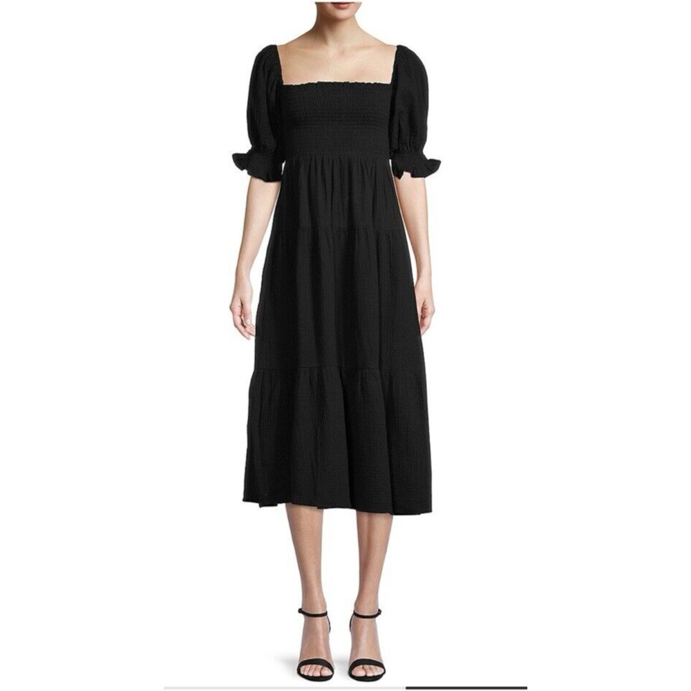 100% Cotton CAARA Women XL Frankie Squareneck Tiered Dress Gauze Black NWT